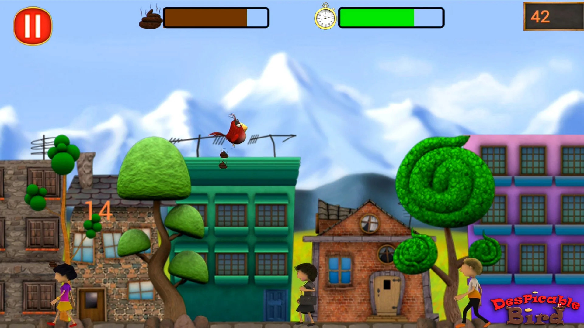 Despicable Bird gameplay above a colorful city