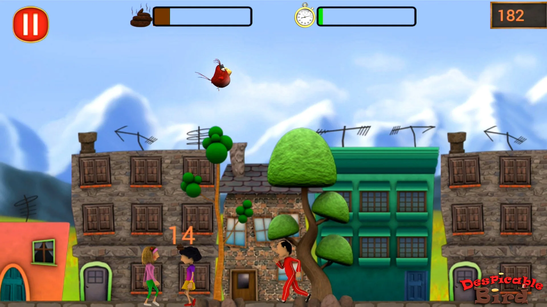 Despicable Bird gameplay above a colorful city