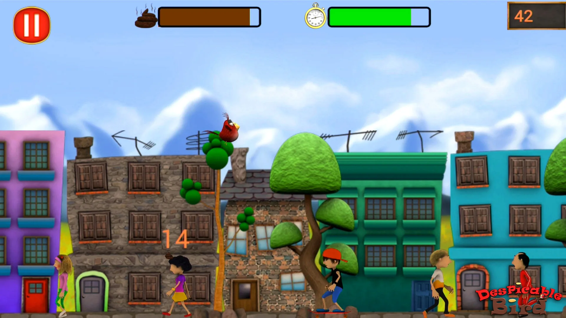 Despicable Bird gameplay above a colorful city