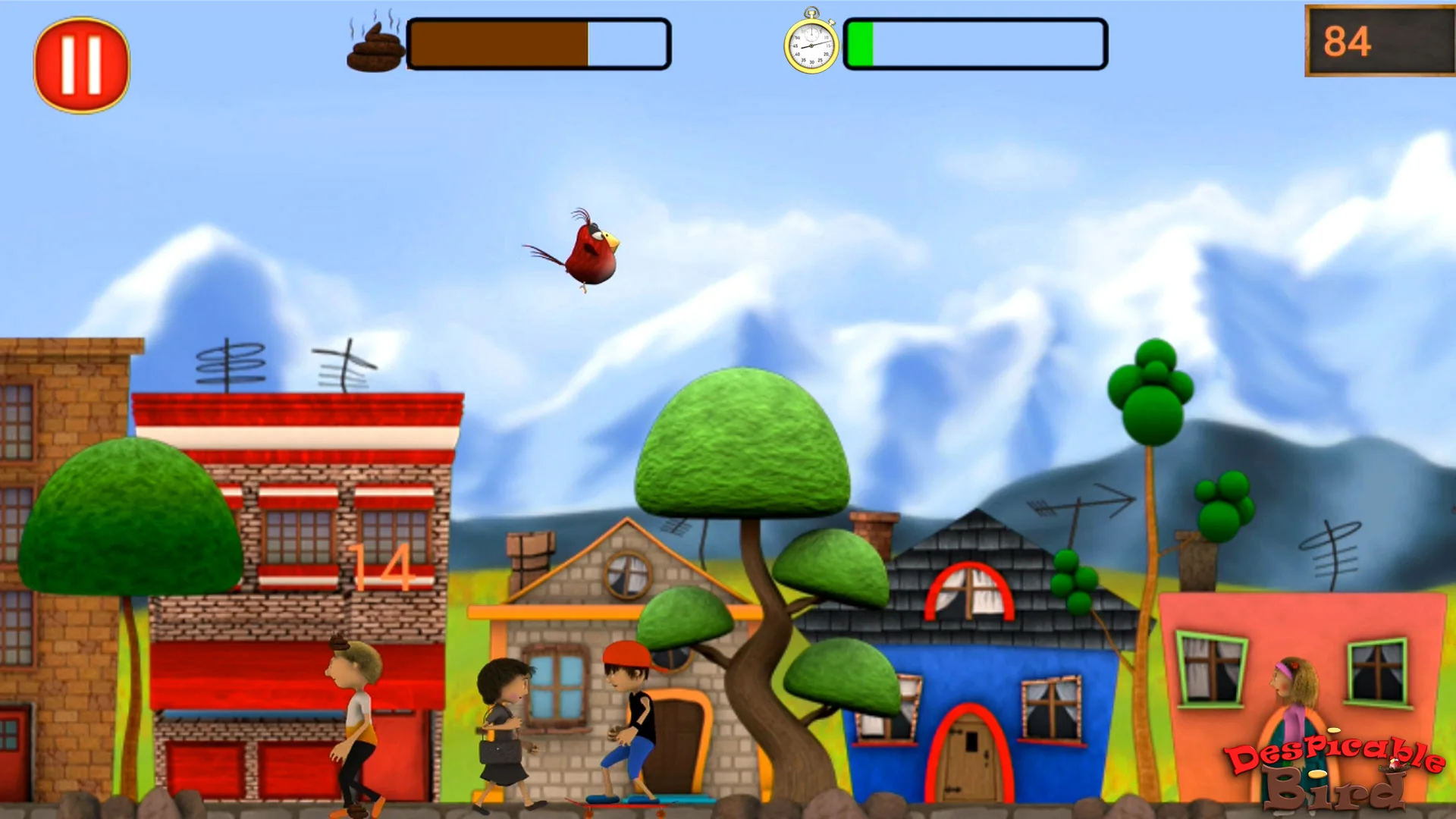 Despicable Bird gameplay above a colorful city