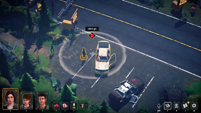 Family Trip — characters collecting fuel beside a car at a forest roadblock