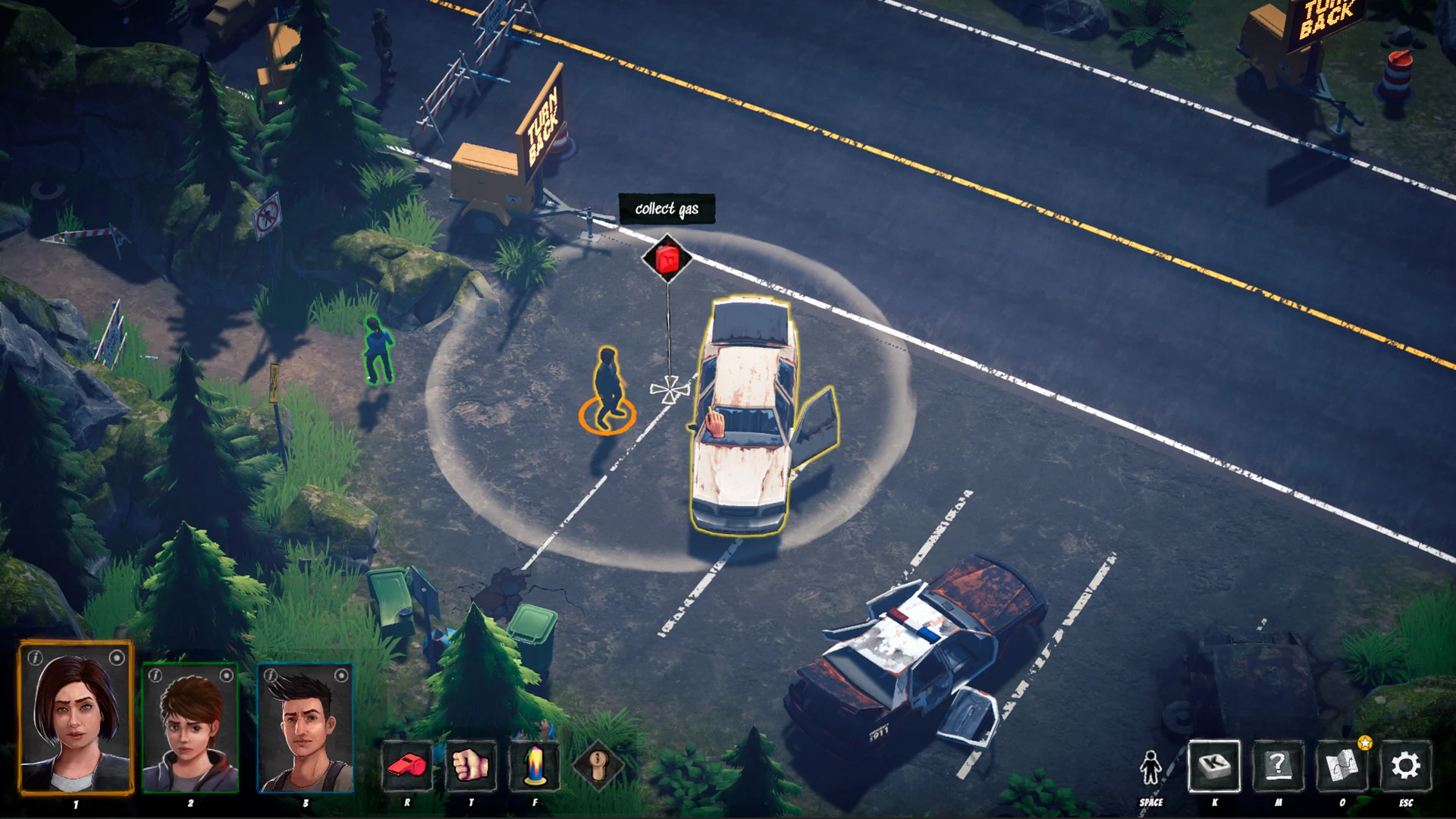 Family Trip — characters collecting fuel beside a car at a forest roadblock