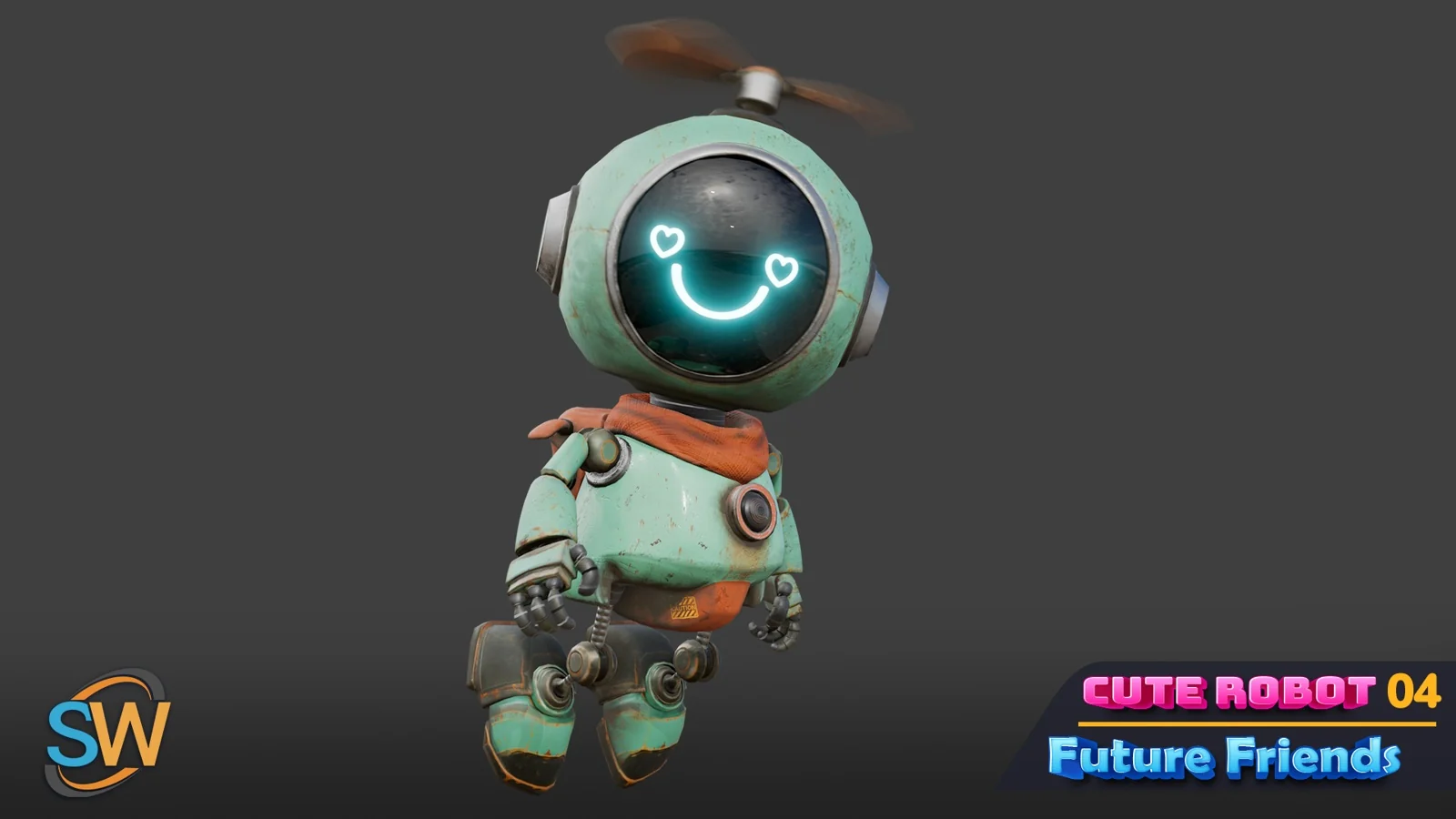 Mint and orange propeller robot in a relaxed pose