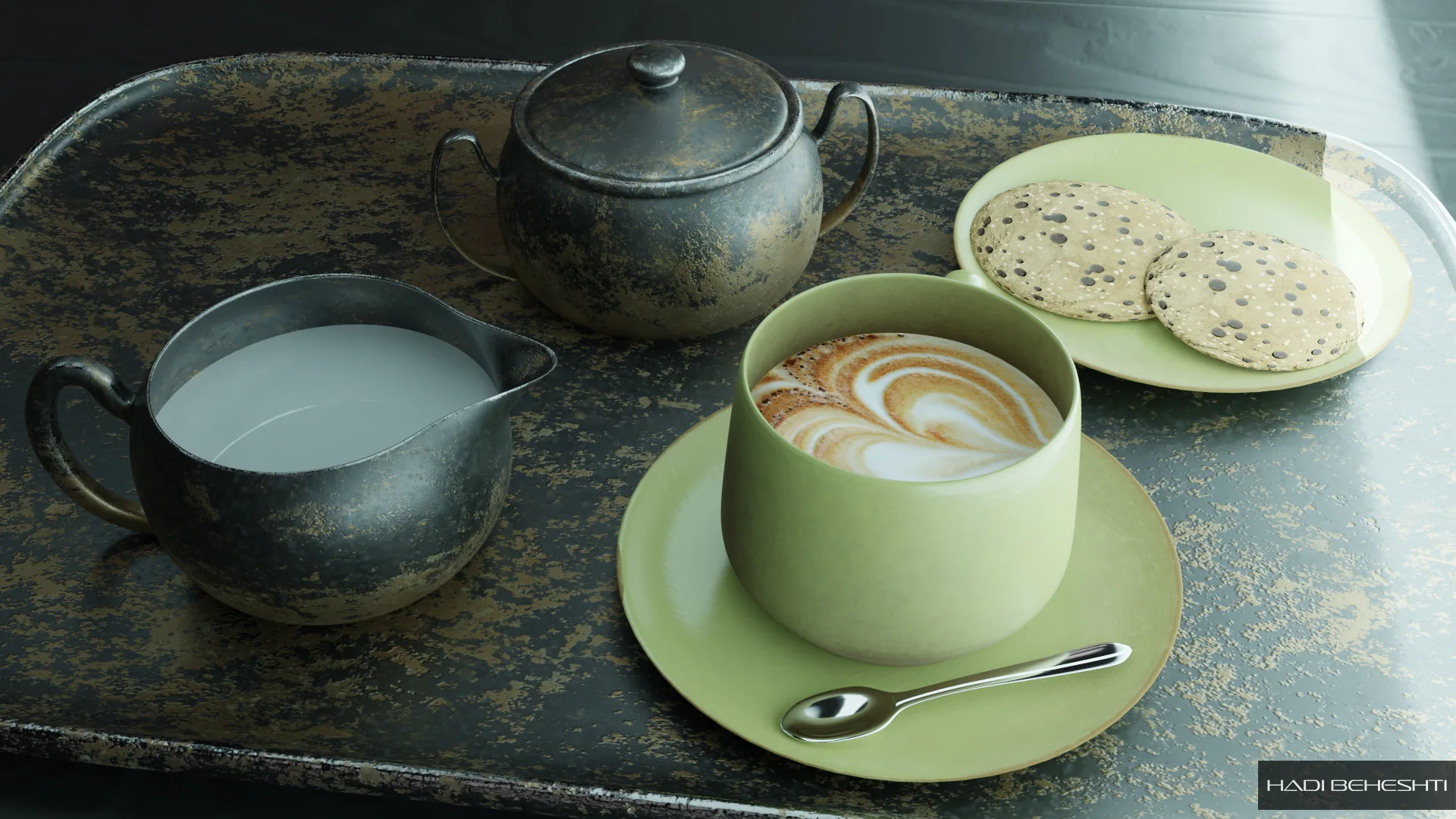 Green coffee cup, teapot and biscuits on a tabletop