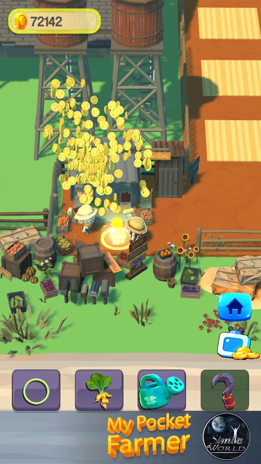 Portrait gameplay view showing crops, buildings and farm management