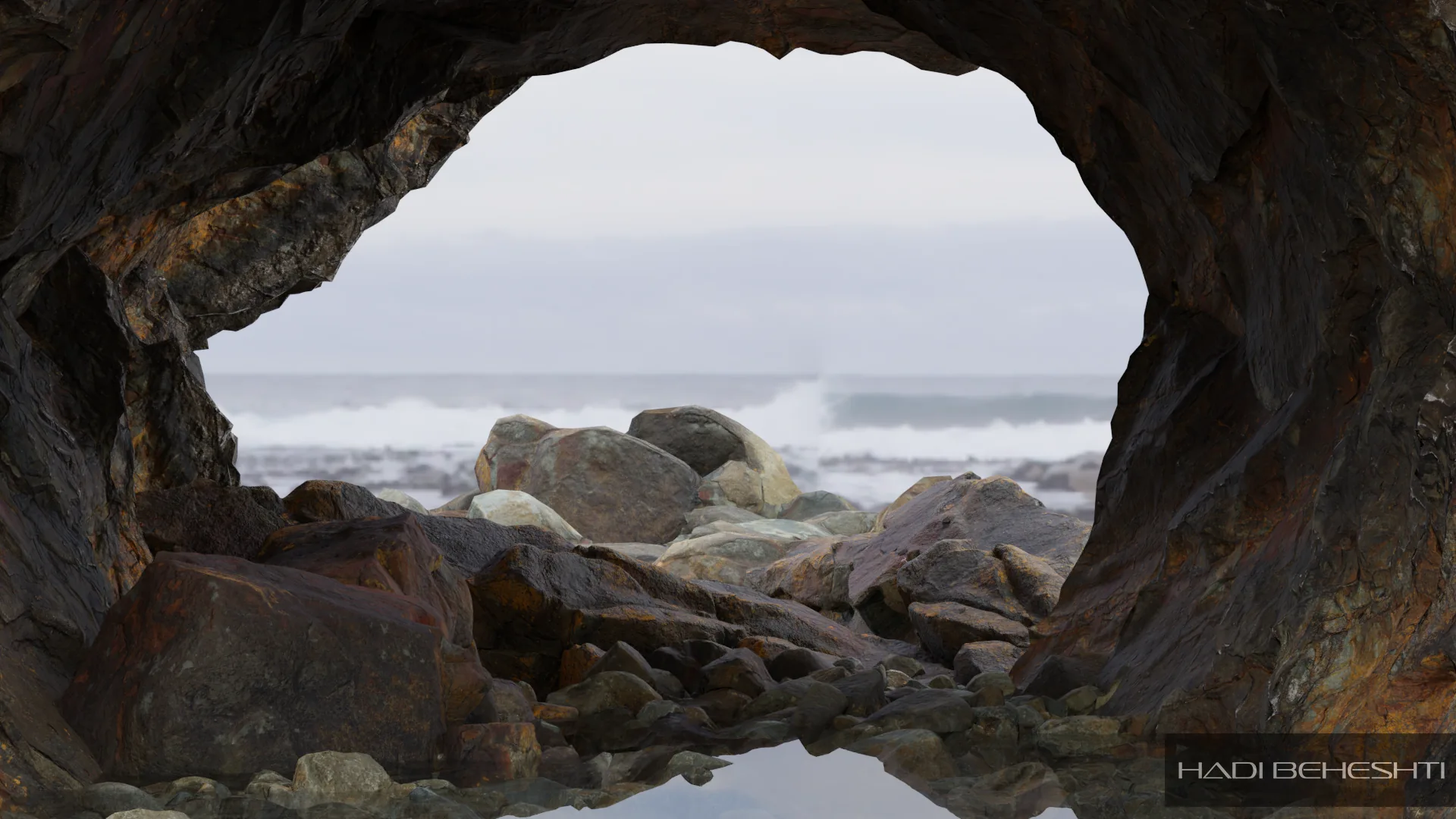 Rocky shoreline seen through a cave opening