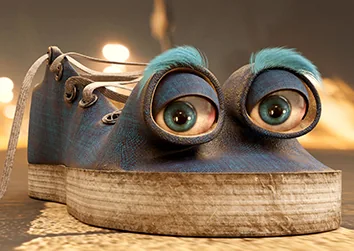Close-up of the shoe character with eyes and laces