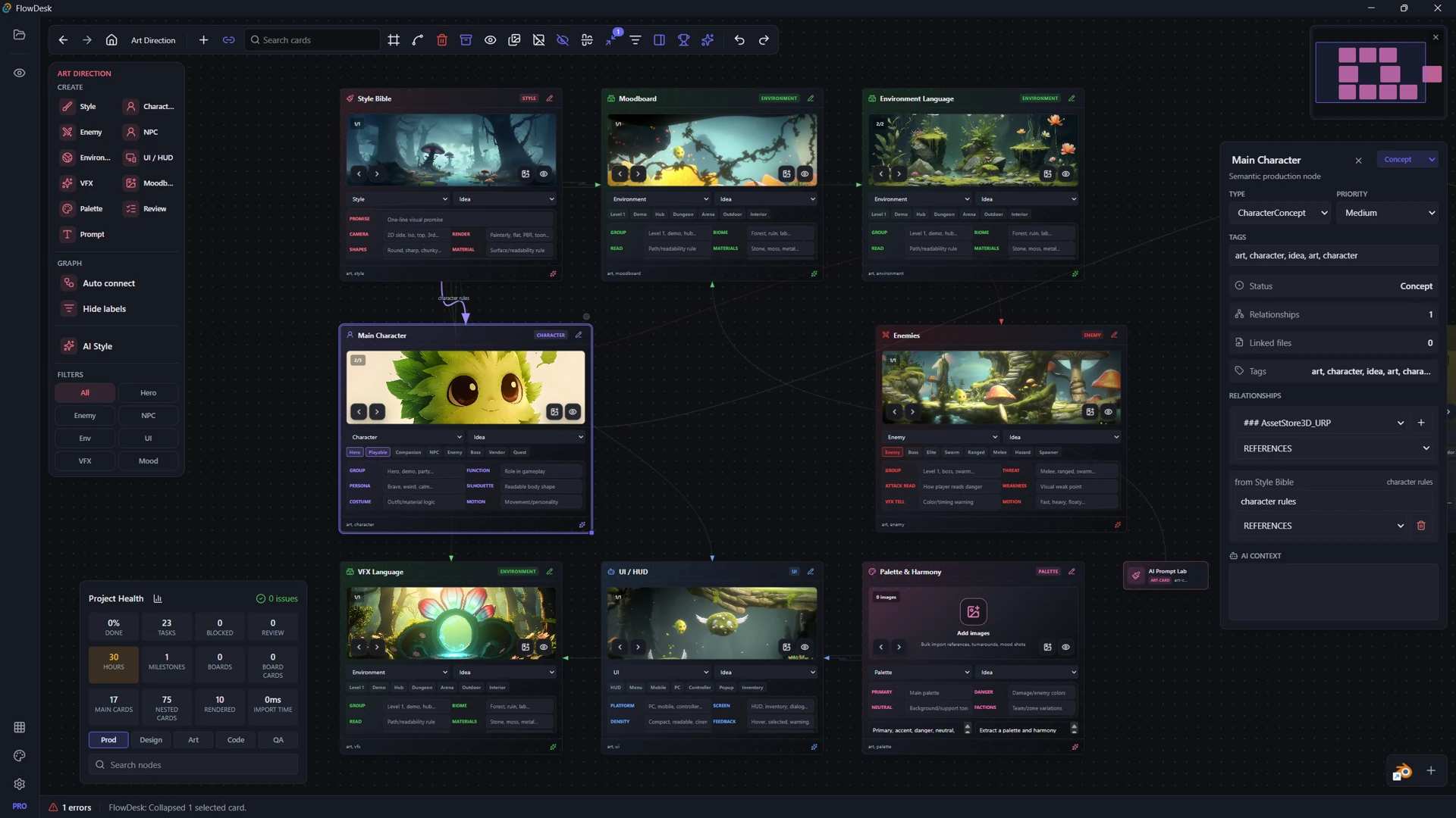 SimiyaBoard visual workspace showing connected production nodes, UI Builder, and project tools