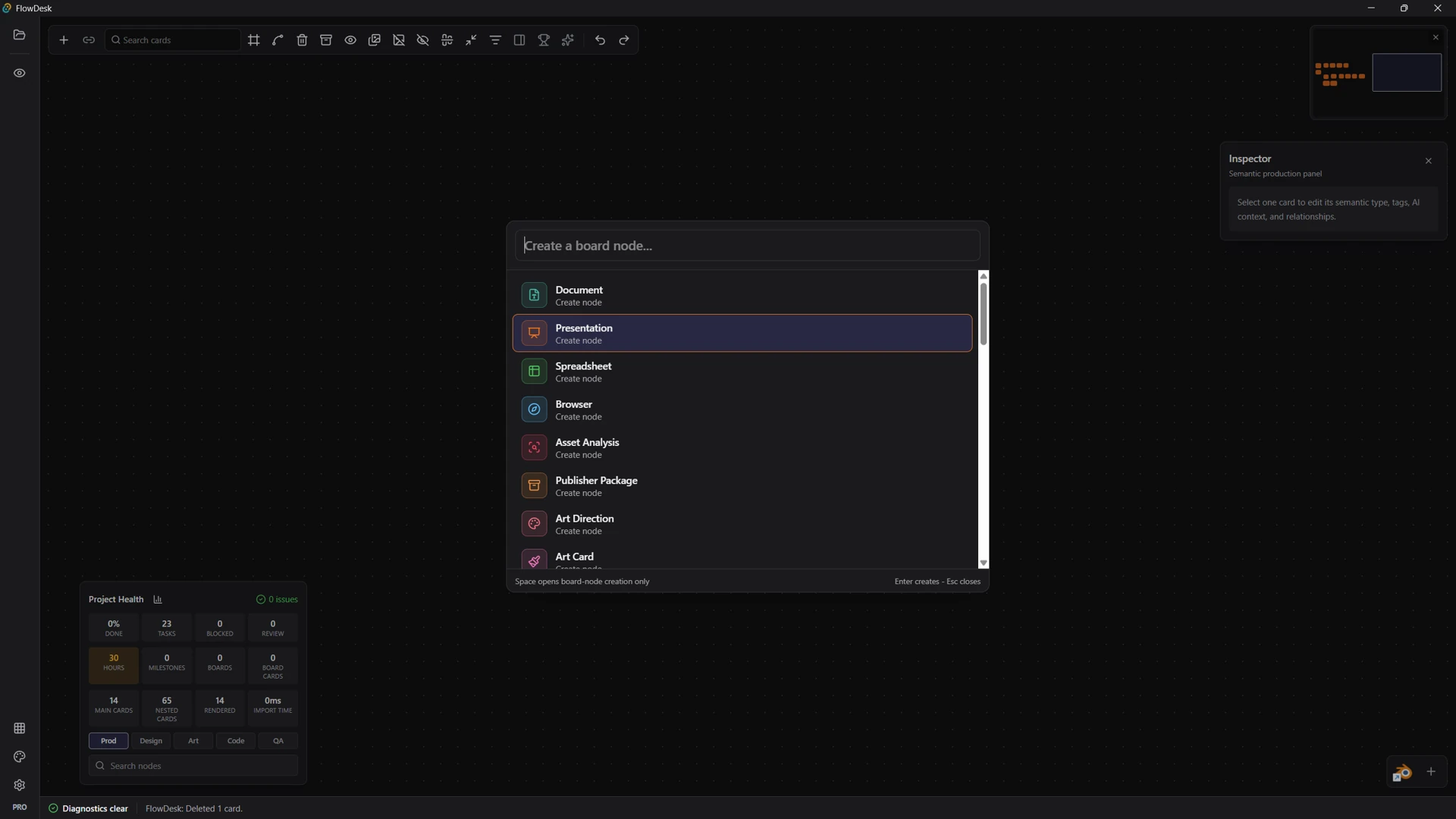 SimiyaBoard create node panel showing production node types