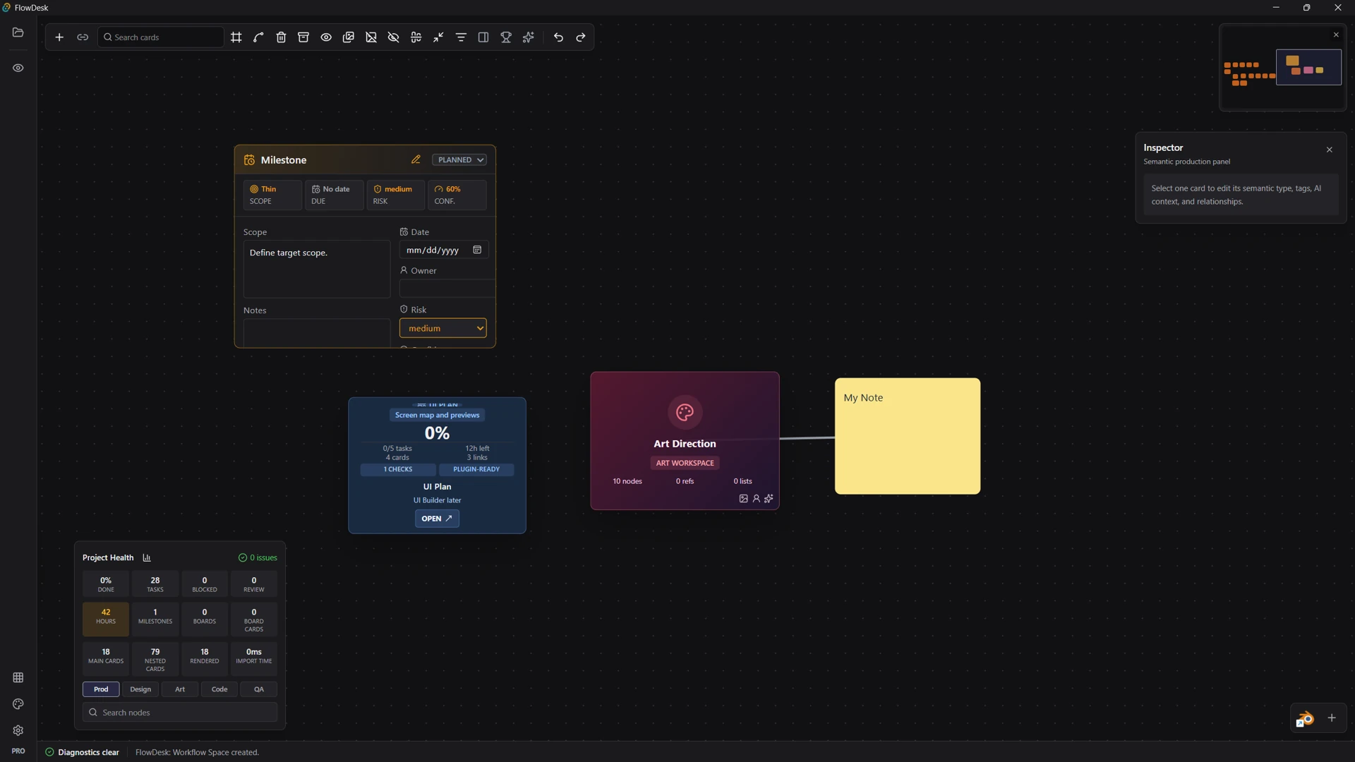 SimiyaBoard workflow space with milestone, UI plan, art direction, note card, and inspector