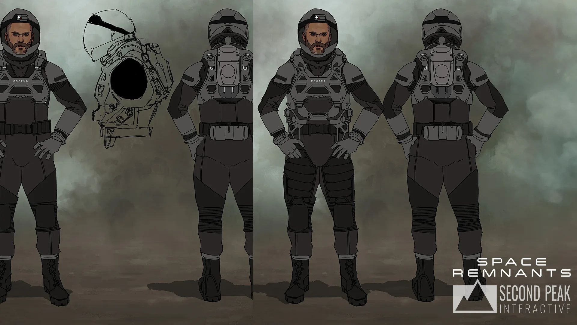 Spacesuit character concept sheet with front and rear views