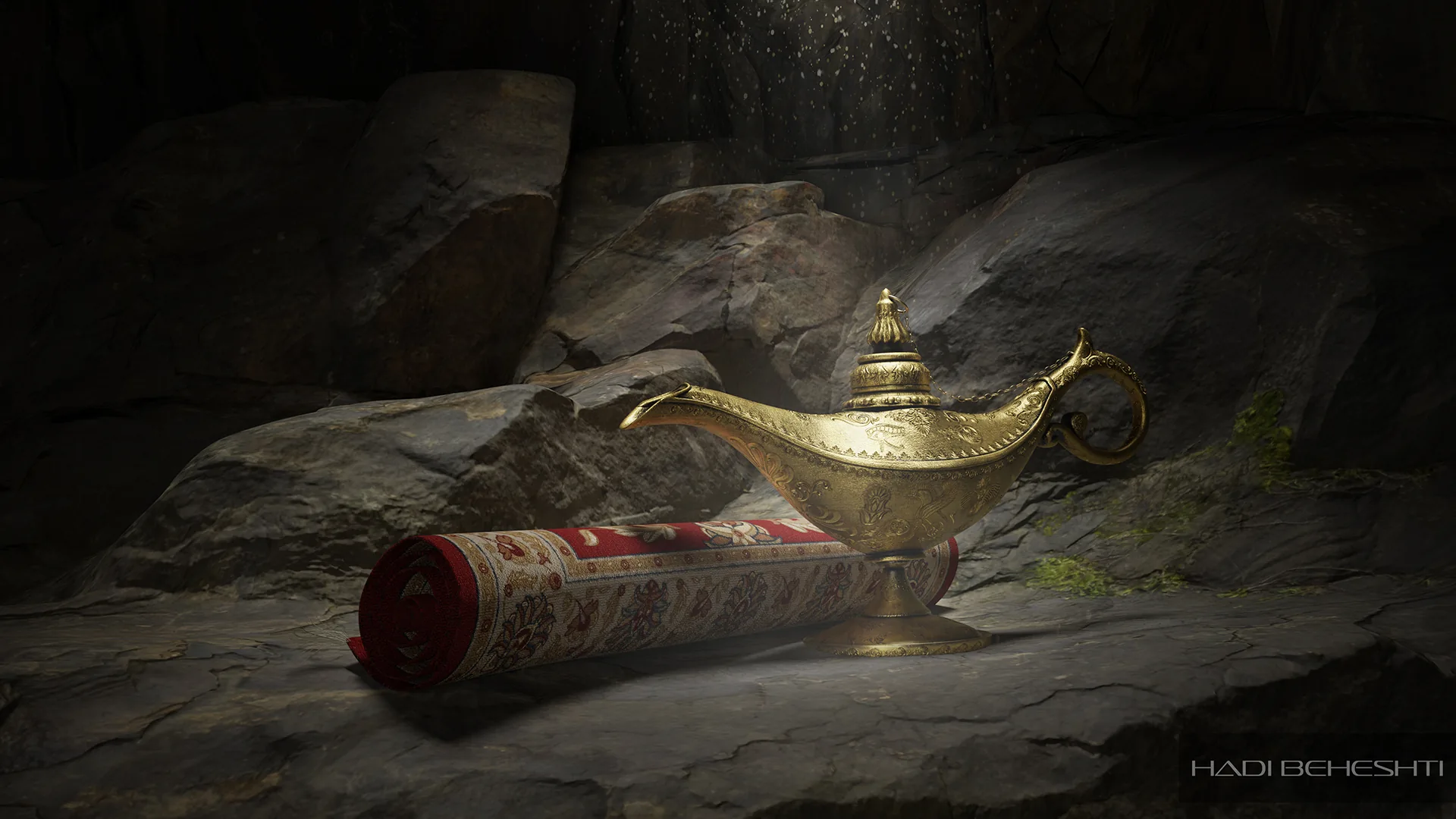 Ornamental magic lamp on a carpet in a rocky setting